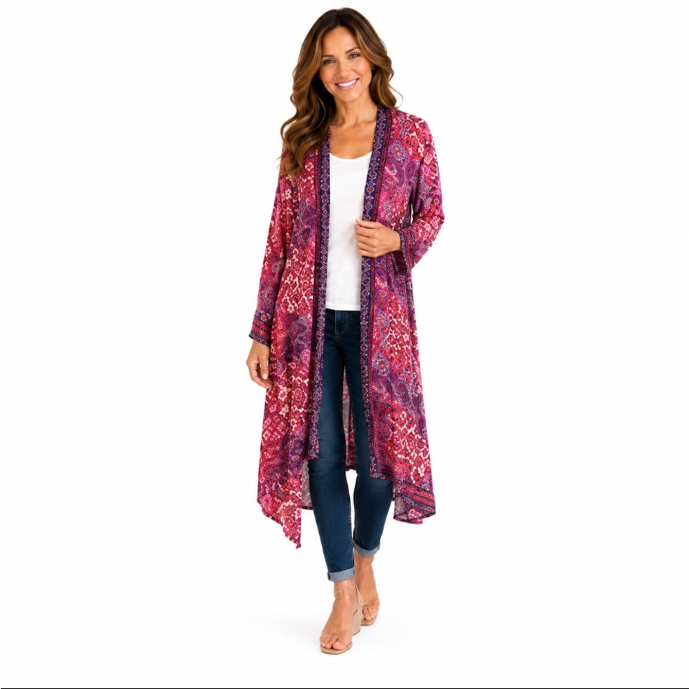 ANGIE Red Patterned Duster Cardigan Size: Large